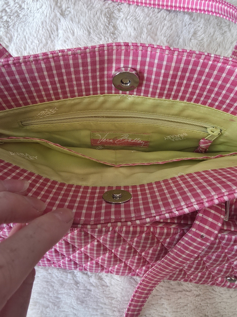 Vera Bradley Pink/White Gingham Quilted Tote Magnetic Snap Pockets Zip - Picture 3 of 10